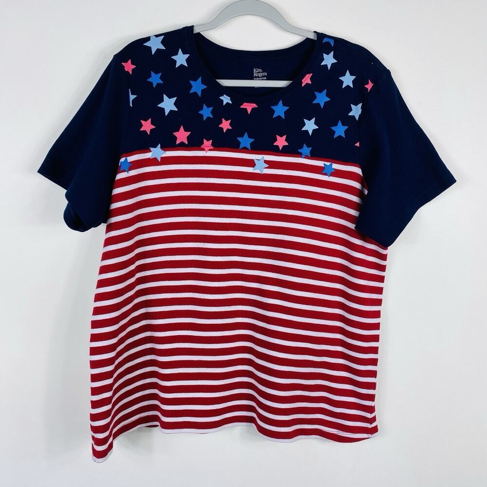 Kim Rogers Size 1X Stars Stripes Perfectly Soft Short Sleeve Tee Top Patriotic